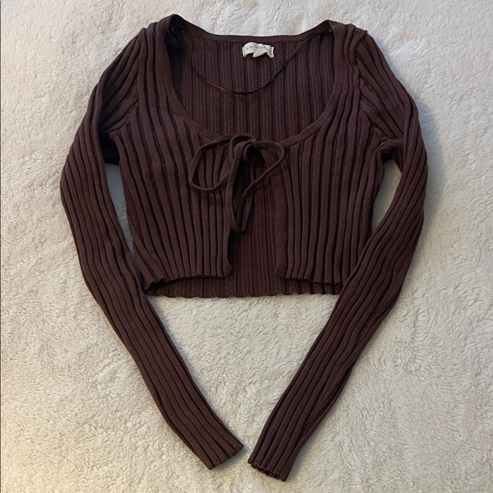 PacSun Chocolate Ribbed Tie-Front Crop Top